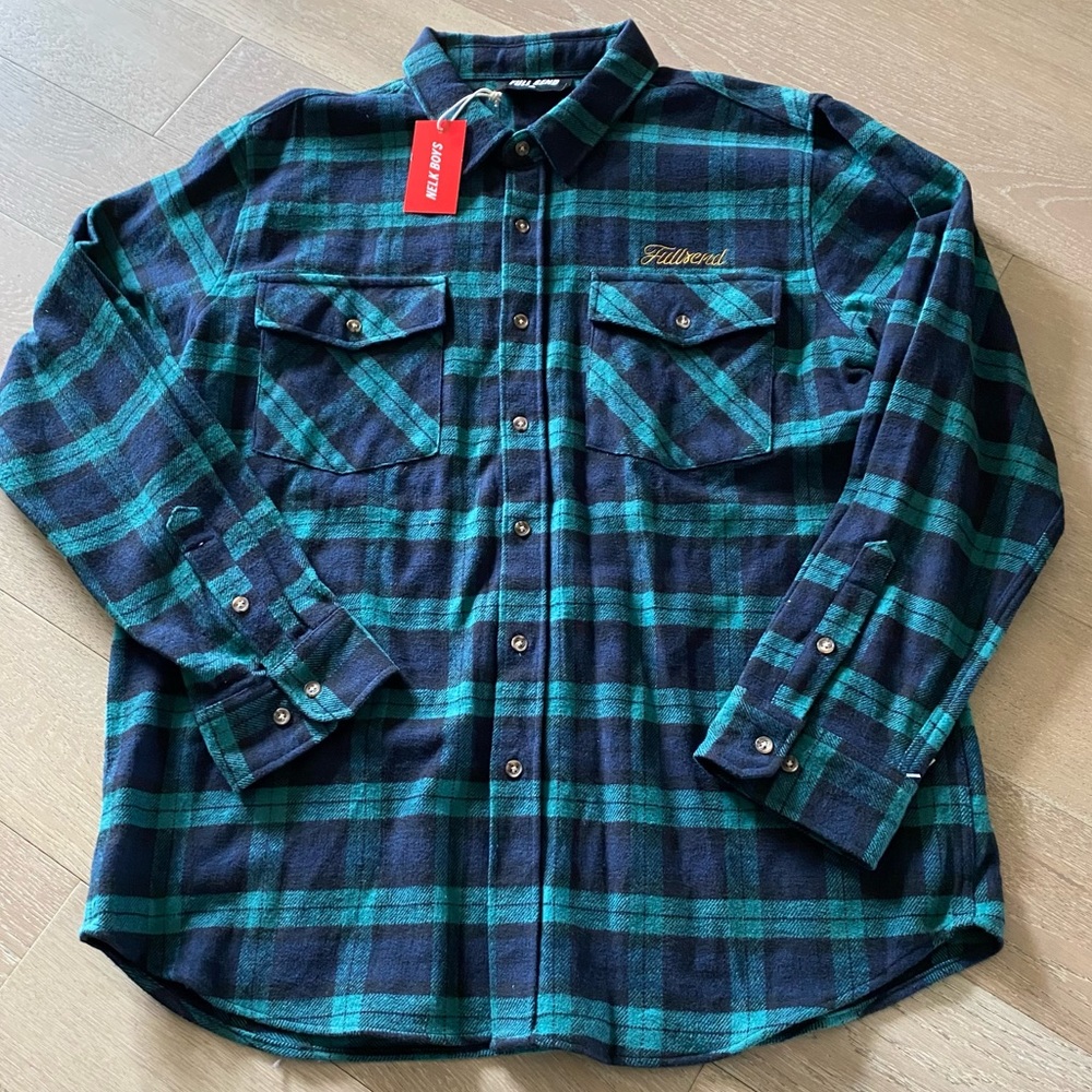 Full SEND NELk boys flannel button down long sleeve shirt blue green XL …